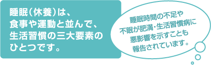 睡眠（休養）は、食事や運動と並んで、生活習慣の三大要素のひとつです。