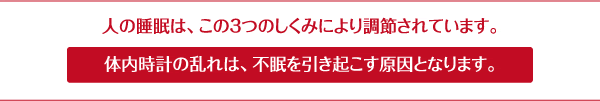 人は、この3つのしくみにより眠くなります。 体内時計の乱れは、不眠を引き起こす原因となります。