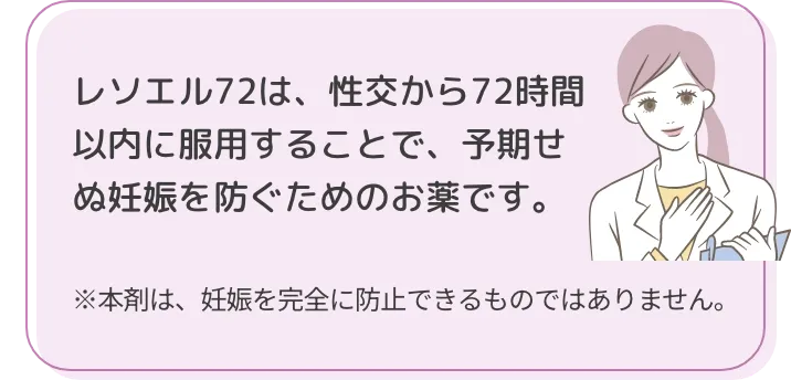 レソエル72は、性交から72時間以内に服用することで、予期せぬ妊娠を防ぐためのお薬です。※本剤は、妊娠を完全に防止できるものではありません。