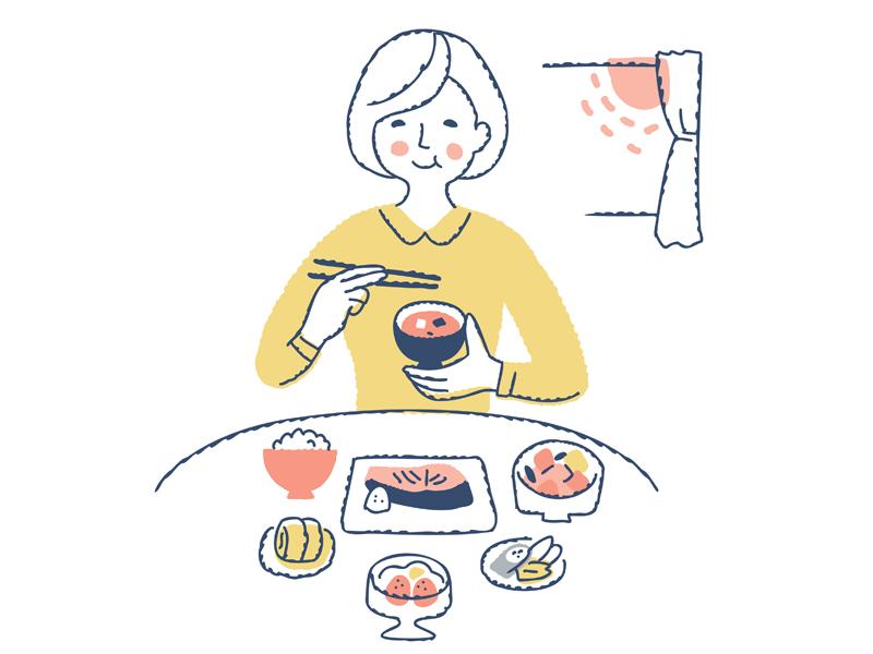 元気になる方法として栄養バランスの良い食事を取る女性のイラスト