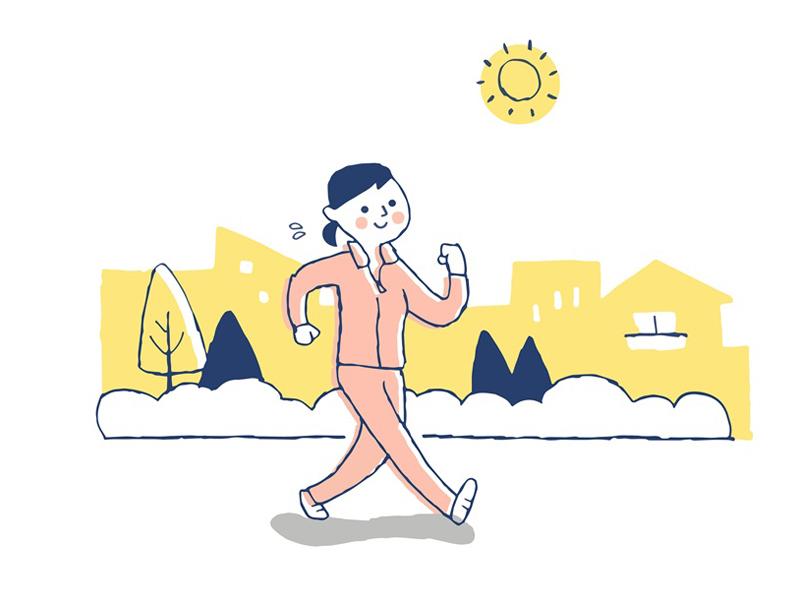 元気になる方法としてウォーキングで適度な運動を行う女性のイラスト