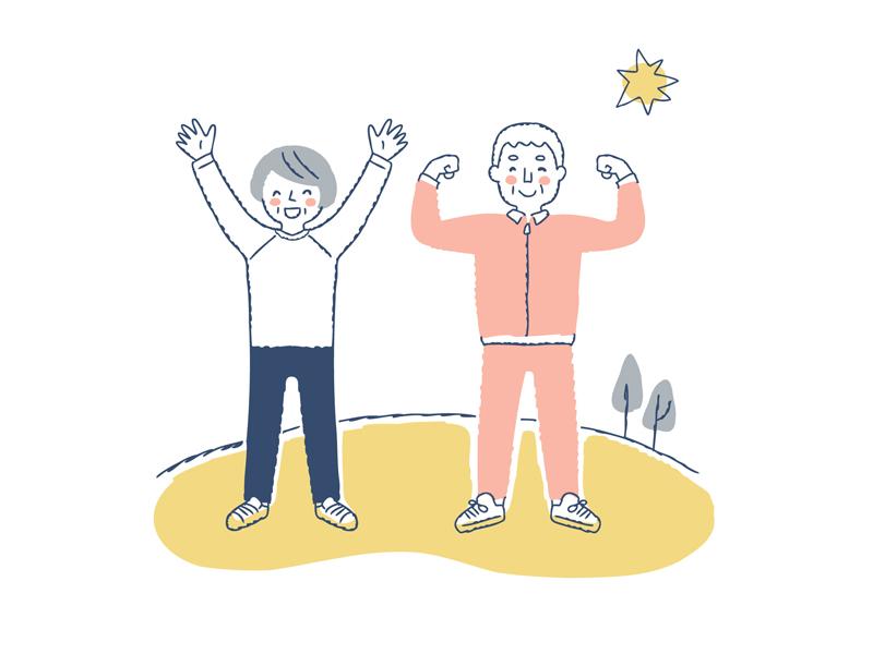 食事や睡眠、運動を見直して元気な毎日を過ごしている年配の男女のイラスト