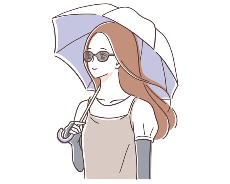 紫外線対策のために日傘とアームカバーを使う女性のイラスト