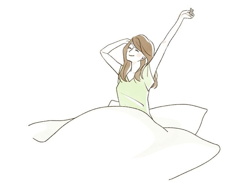 起床後に布団の中で体を伸ばしている女性のイラスト