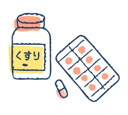 市販薬の瓶、カプセル、PTP包装シートのイラスト