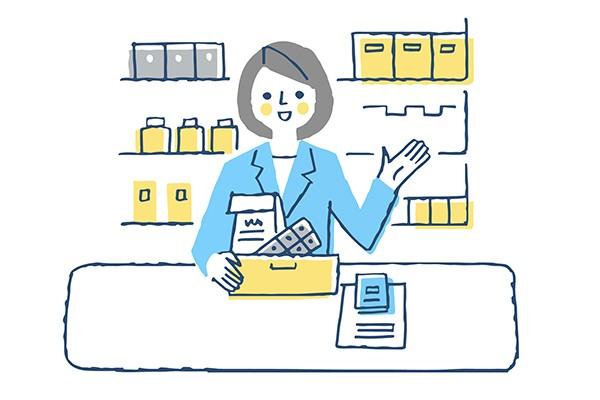 薬局で薬を準備している薬剤師の女性のイラスト