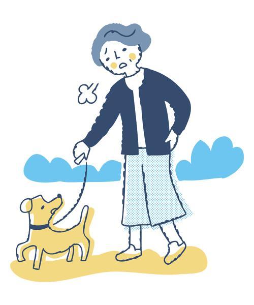 犬の散歩中の疲れやすさを感じる女性のイラスト