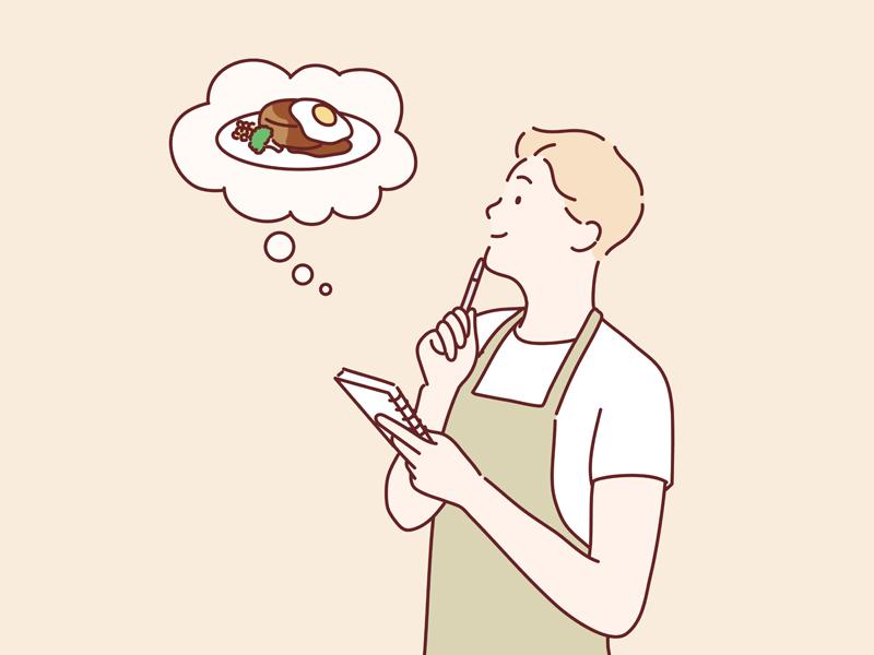 スタミナがつく食べ物やレシピを考えている人のイラスト