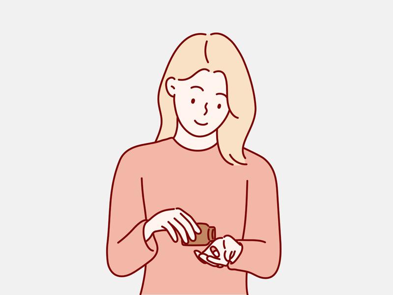 スタミナ維持や疲労回復のために生薬や市販薬を服用する女性のイラスト