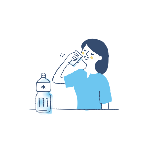 食べすぎた次の日に水分が不足しないようにこまめに水分補給をしている女性のイラスト