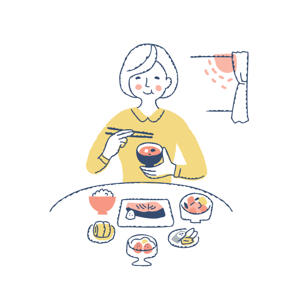 胃腸に負担をかけないバランスの良い食事をしている女性のイラスト