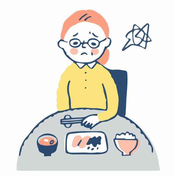 食べすぎた次の日に胃もたれによって食欲があまりない女性のイラスト