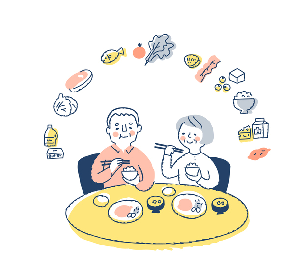 バランスの良い食事をとるご夫婦のイラスト