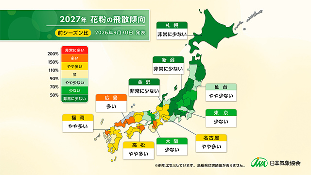 2027年 花粉の飛散傾向（前シーズン比）