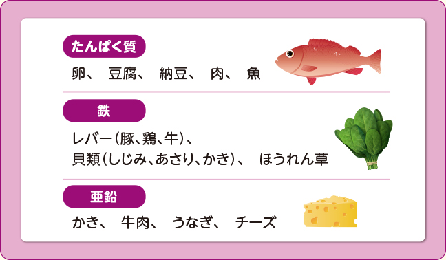 たんぱく質、鉄、亜鉛を含む食品